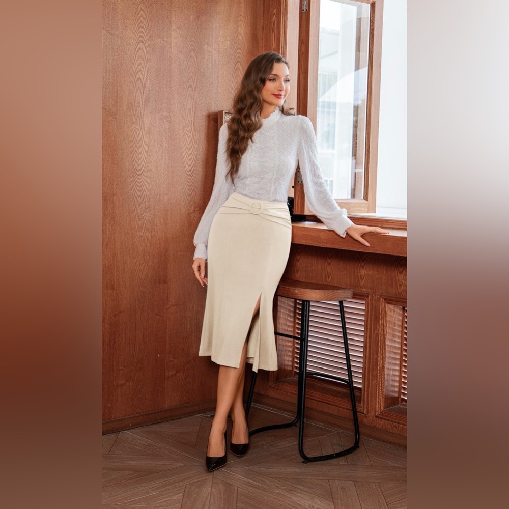 NWT Belle Poque Creamy Beige Stretch Slit Women's Plus Midi Mermaid Flare Skirt